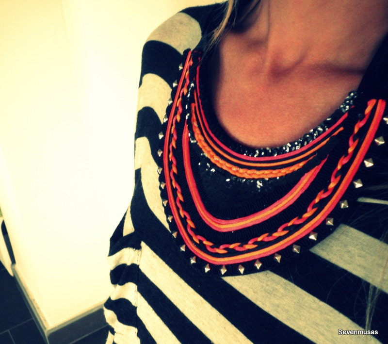 Coral Orange Black Silver Studs  Cord Ribbon Sequin  Tribal  Bib Collar  Necklace