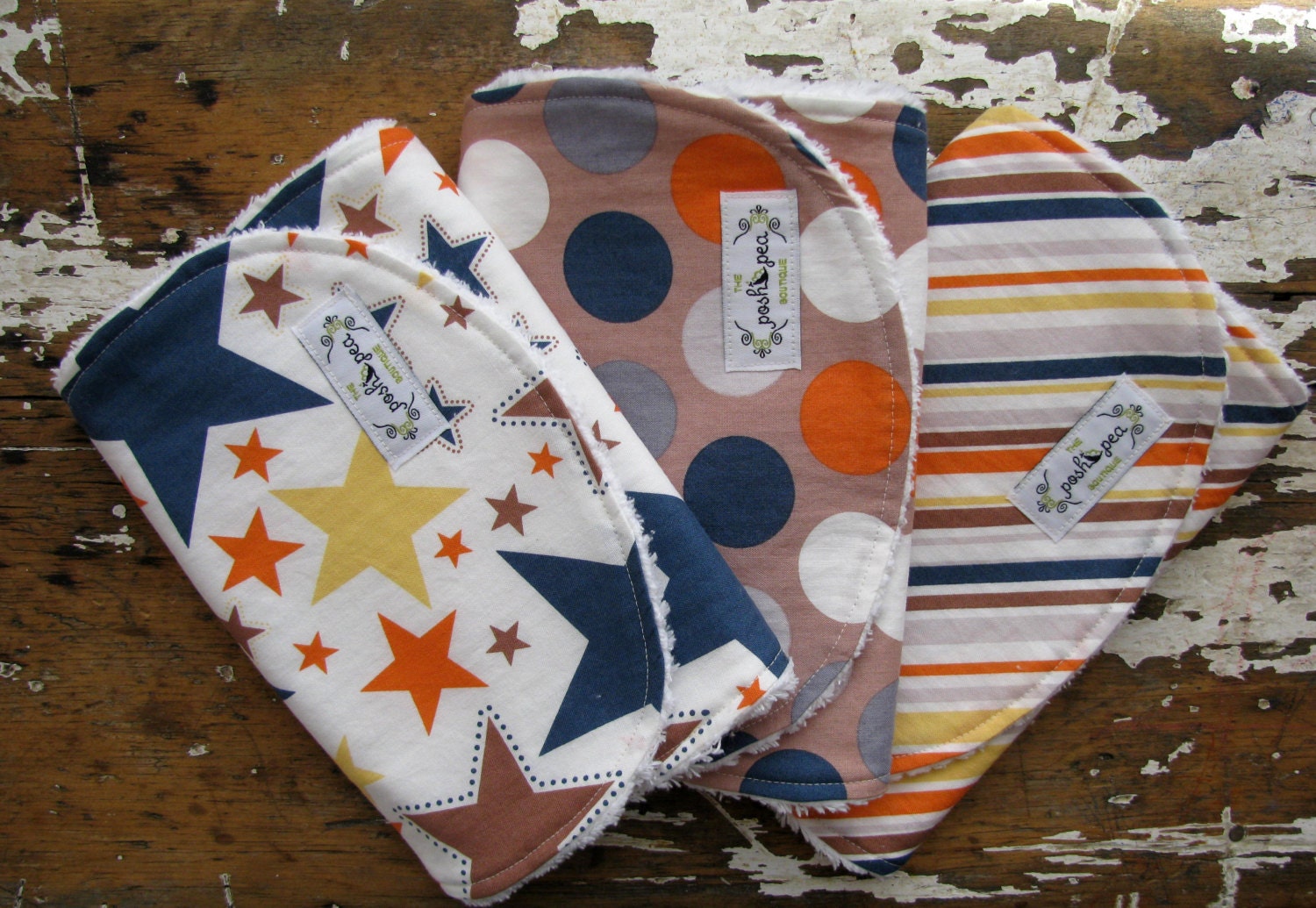 Burp Cloths Baby Boy - Set of 3 - All Star - Blue & Orange Stars, Stripes and Polka Dots