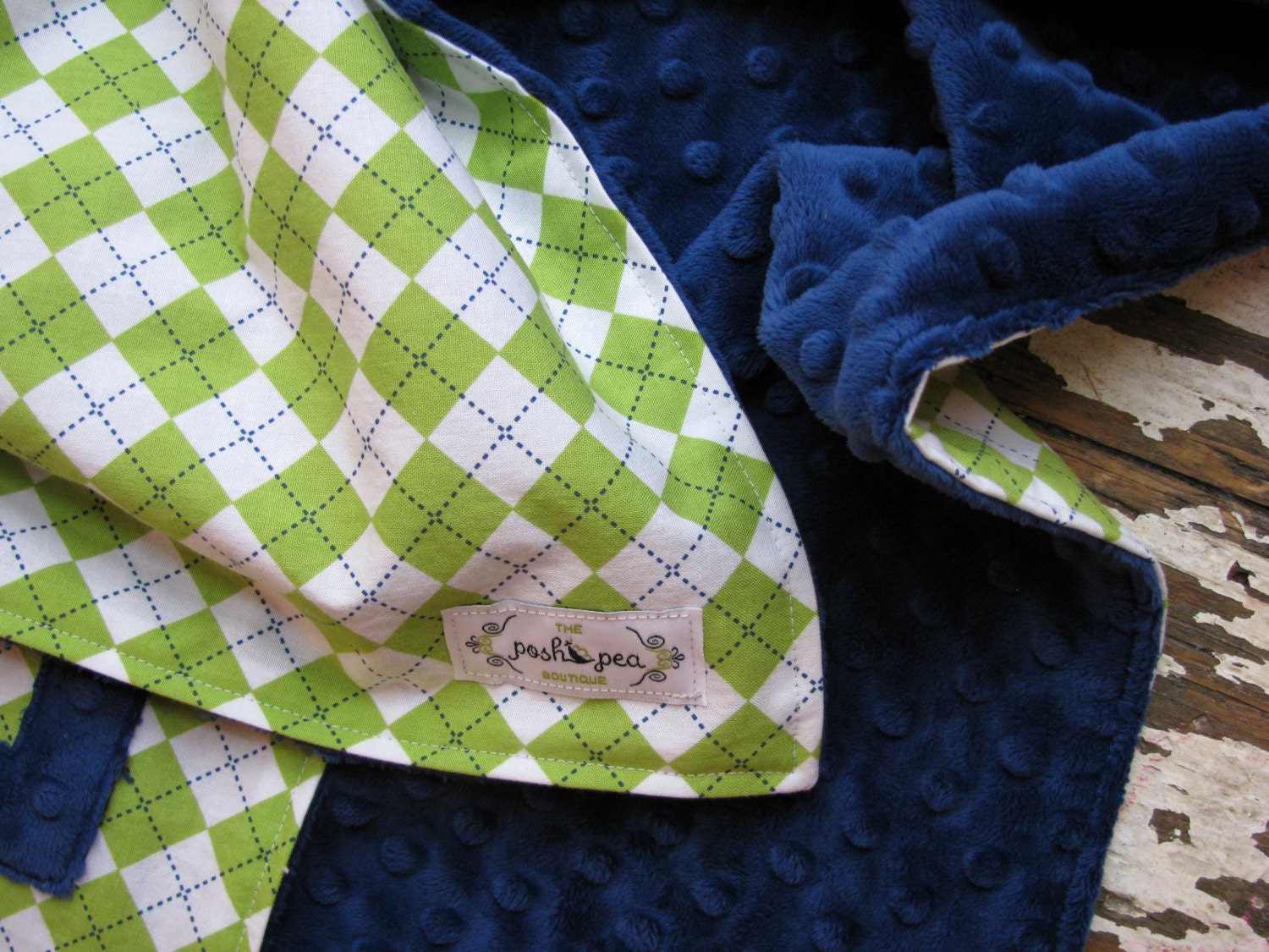 Baby Blanket - Baby Boy - Minky OR Chenille - Lime Green & Navy Argyle Remix