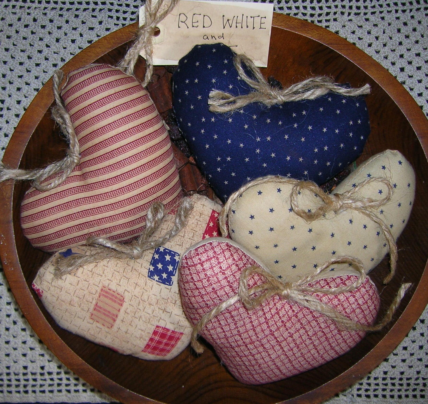 Americana Primitive HEART Ornie Bowl Fillers Patriotic Tucks Red White Blue Decor