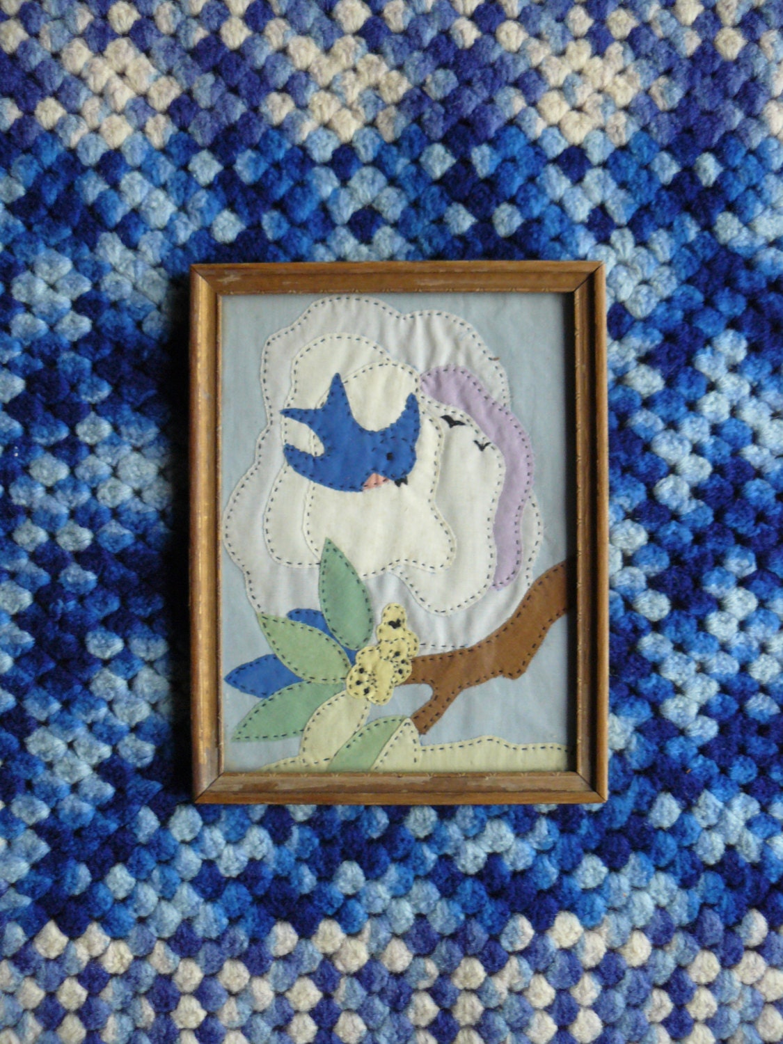 Vintage Sewing, Quilting, Framed Fabric Art for Spring, a Blue Bird Floats on Quilted Clouds, Yellow Flowers Bloom on the Tree