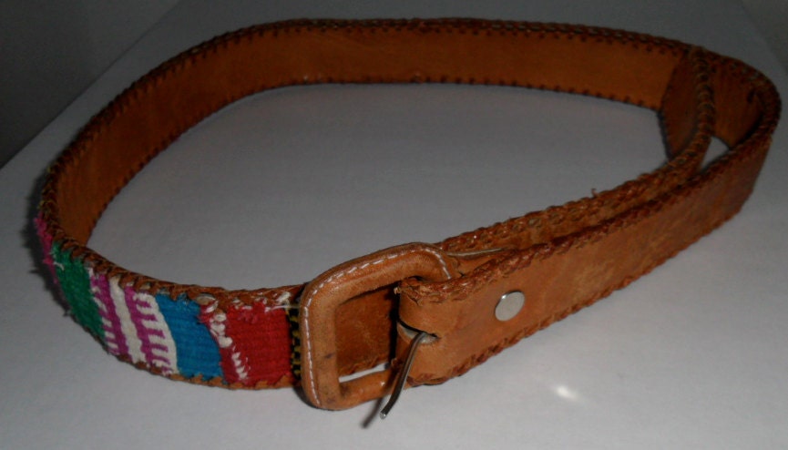 Vintage Guatemalan Belt Multi Colored Tan Leather Ethnic Guatemala