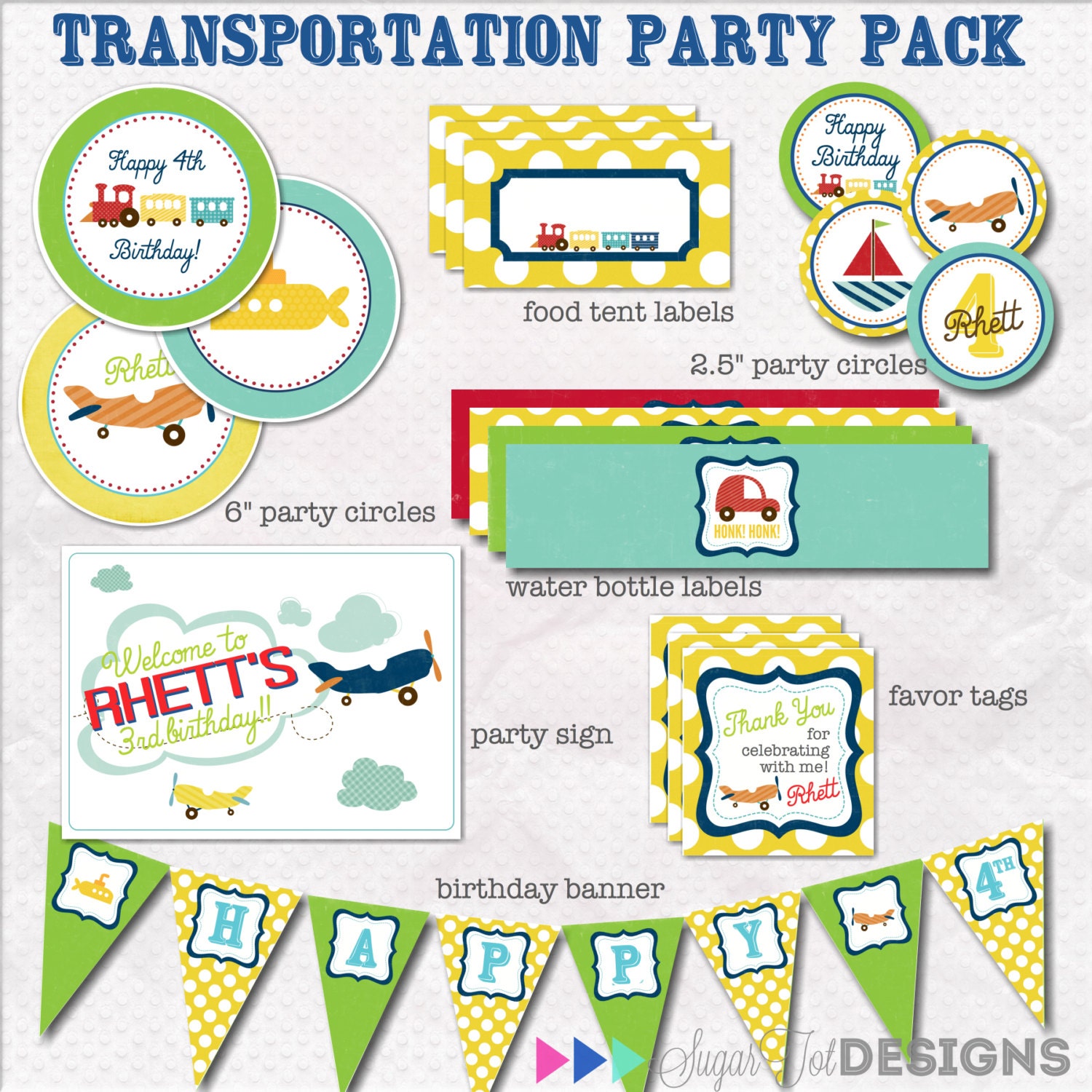 Transportation Birthday Party Pack, Trains, Plane and Automobiles Party, Rocket, Boat and Submarine Birthday Party - Printables