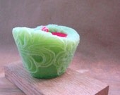 Spring Green- Beeswax / Palmwax Candles - Sm. Sculptural Natural Wax Candle - Chantilly Lace Pattern Candle -(Bright Green/Hot Pink)