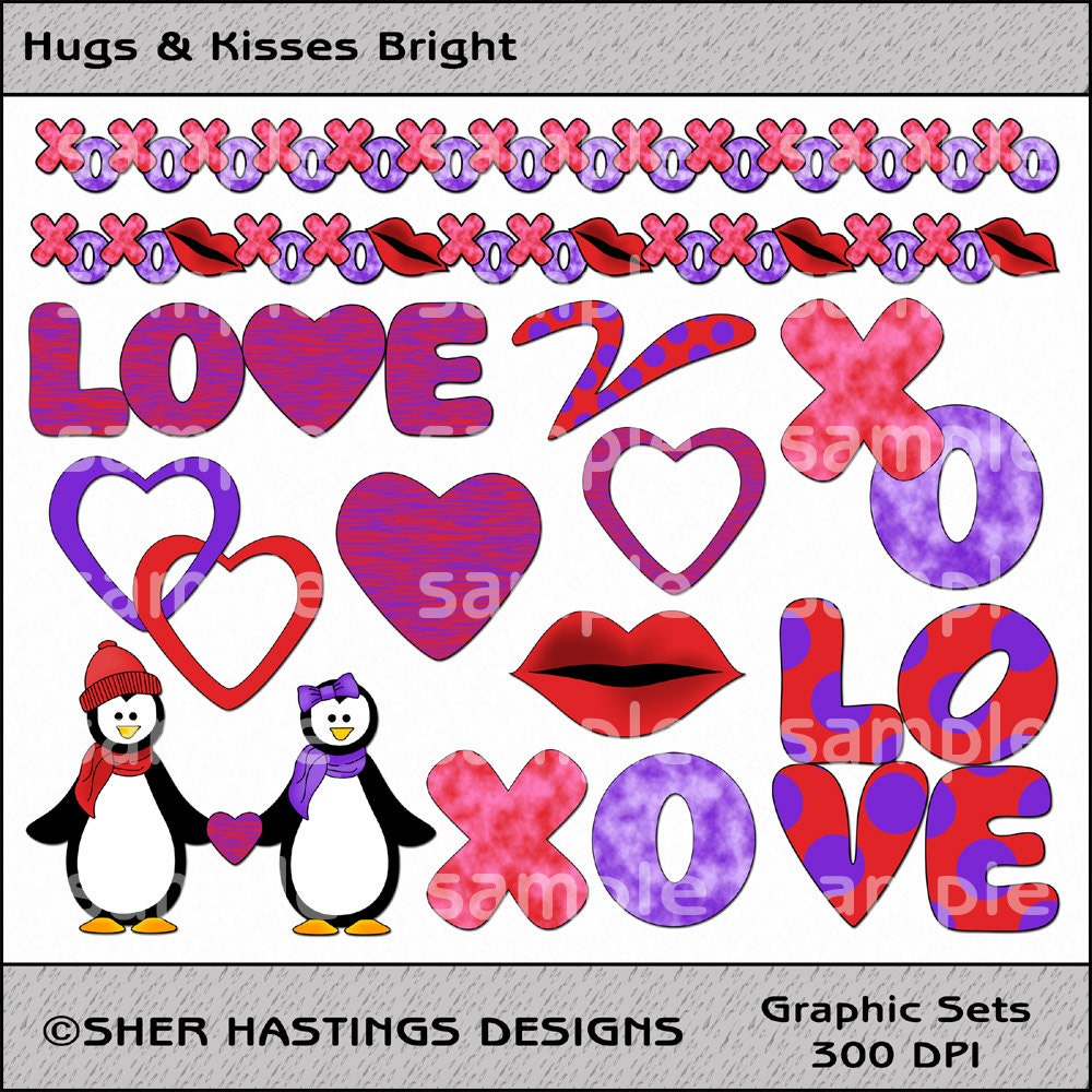 Hugs Kisses Bright Clipart and Graphic Set, Valentine's Day Clipart, Wedding Clipart, Love Clipart - Digital Scrapbooking Kit