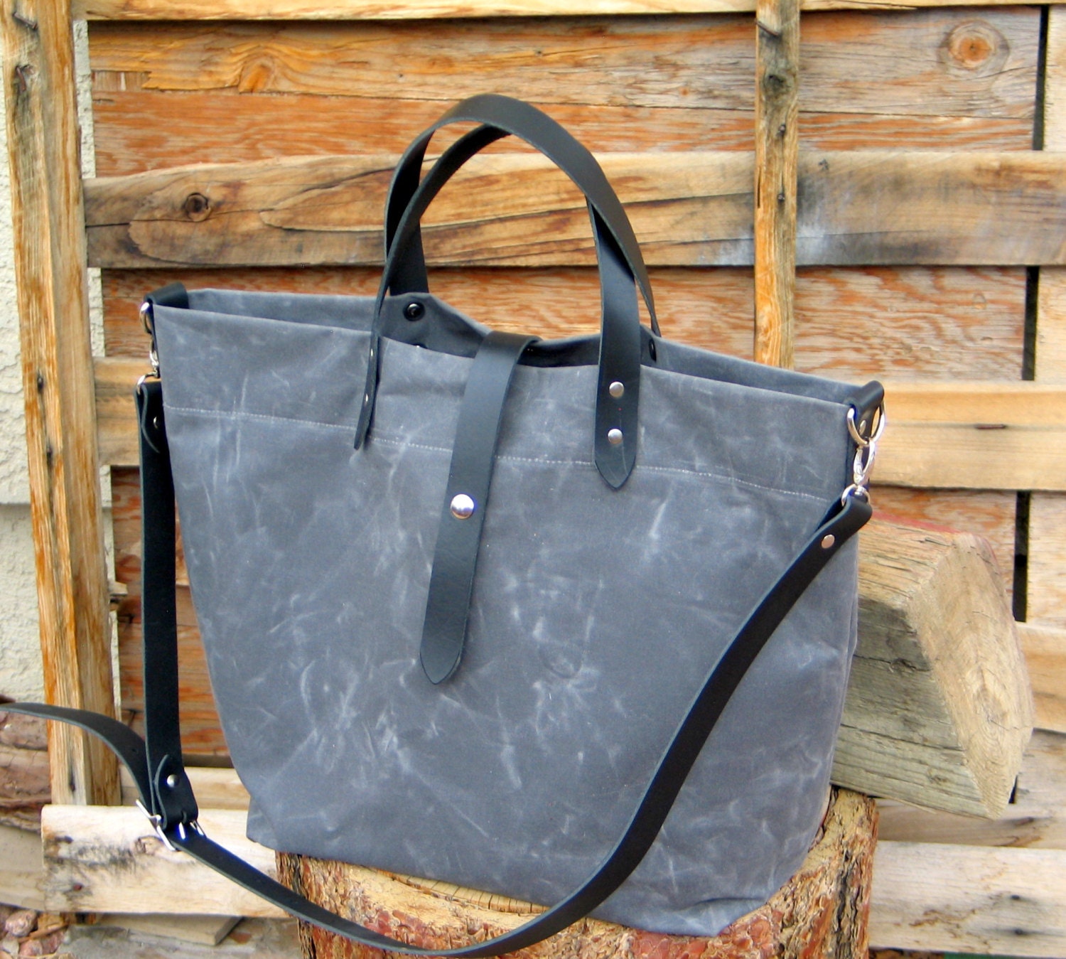 Waxed Canvas Tote with Leather Handles and Detachable Leather Strap- Diaper Bag- Weekender