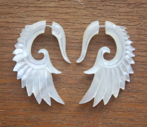 BRAVE Wing Earrings - Natural Mother of Pearl - Hand Carved Organic Fake Gauges