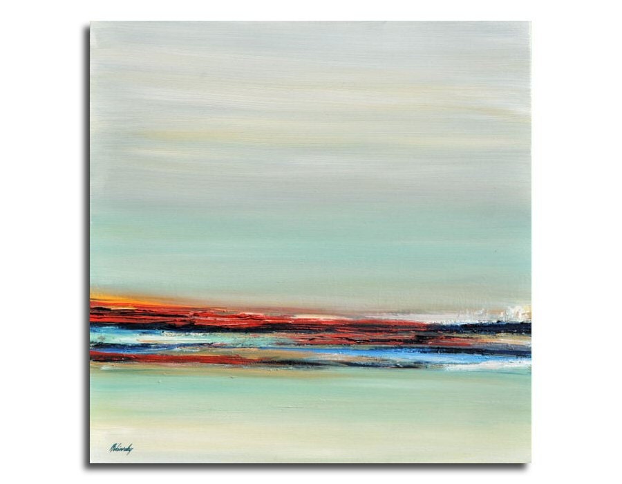 Oil painting - Original abstract landscape oil painting - grey, red, blue, orange -  Ready to Hang - 19,7" x 19,7"