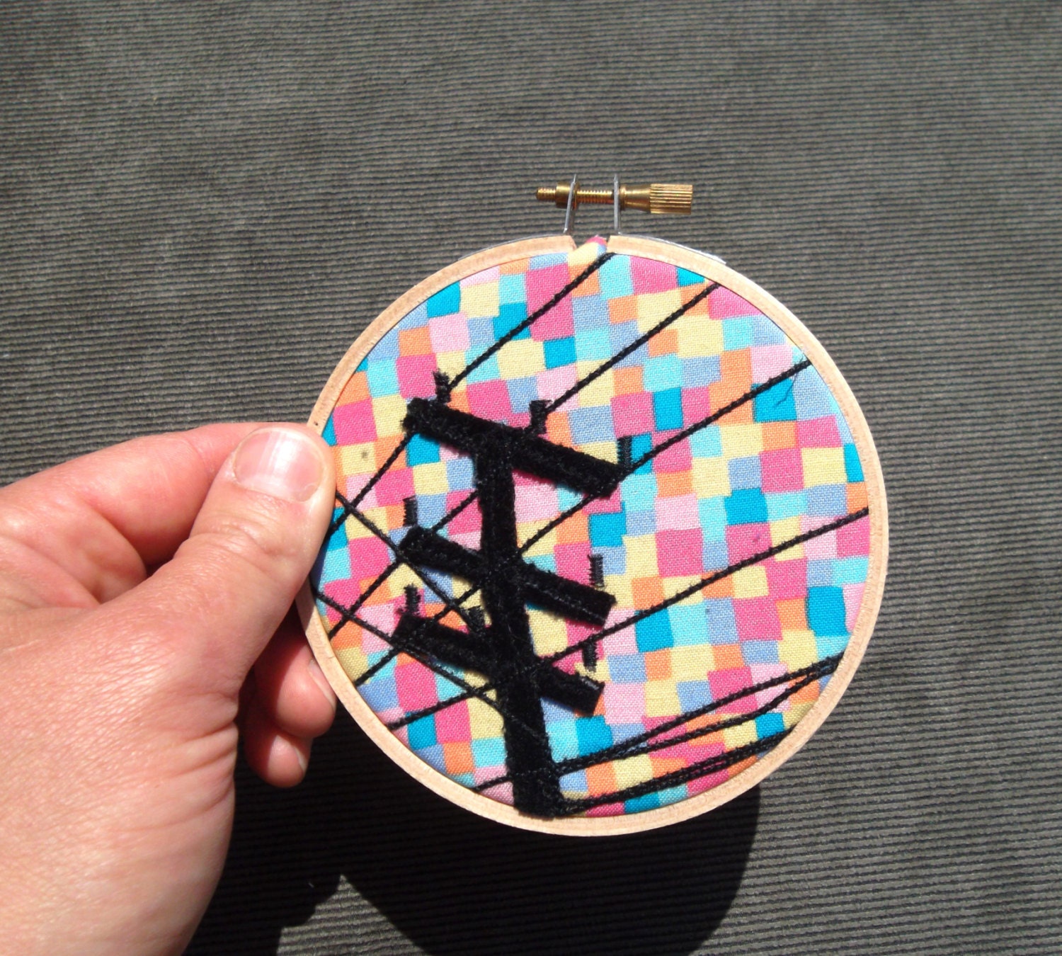 Mini Hoop, "Telephone Pole with Pastel Digital Sky," OOAK, recycled fabric art, mounted in 4 inch hoop, ready to hang