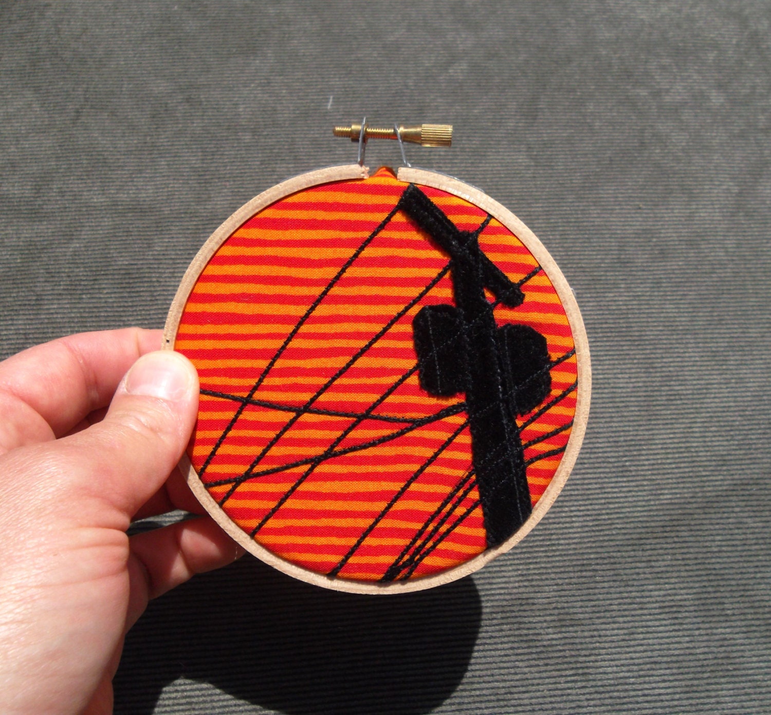 Mini Hoop, "Telephone Pole with Cherry Orange Stripe Sky," OOAK, recycled fabric art, mounted in 4 inch hoop, ready to hang