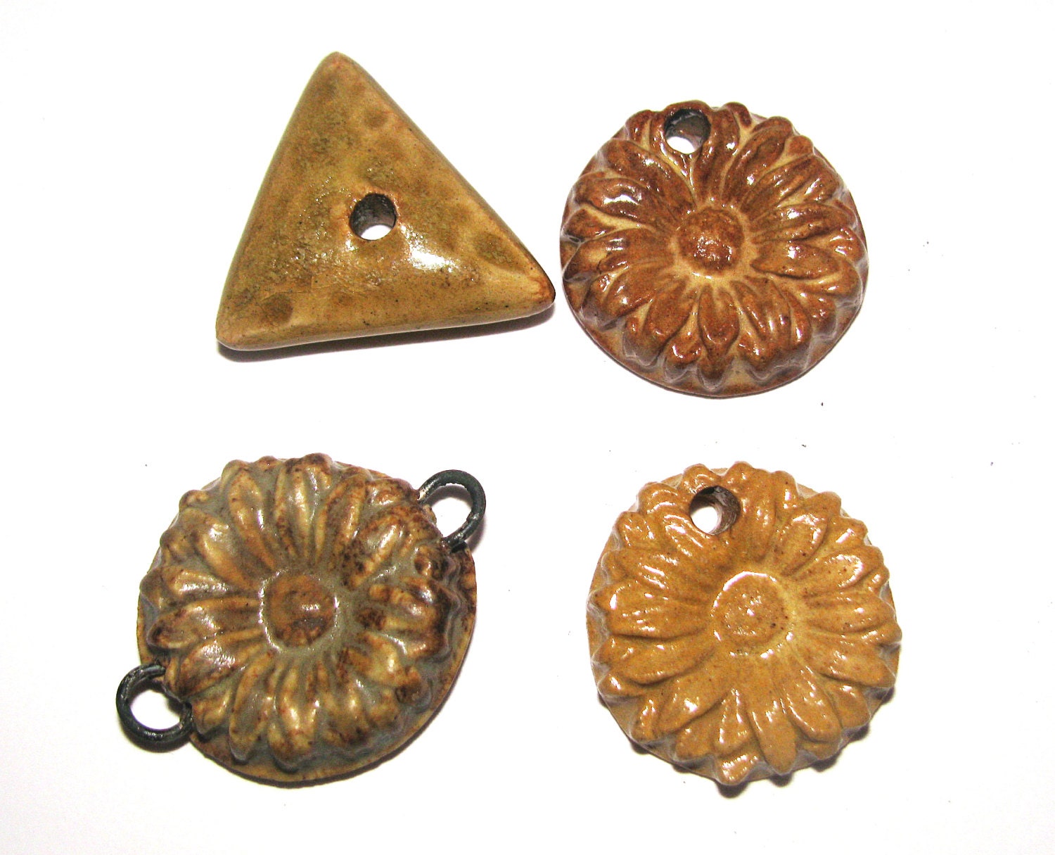 Handmade Ceramic Stoneware Pendant x 4 Flower Triangle Rustic Brown Ochre