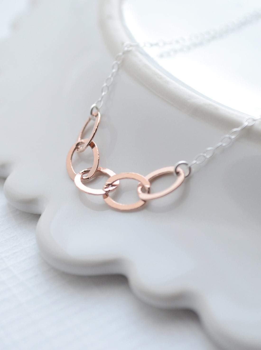 Rose gold connected links necklace - rose gold oval links on silver necklace