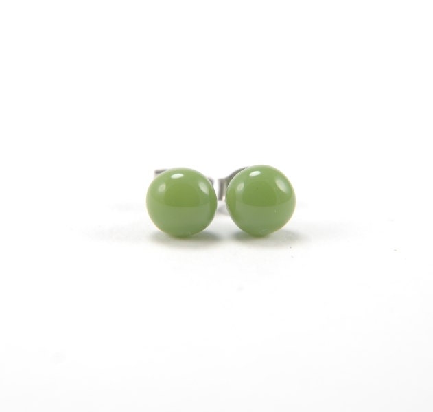 Olive green fused glass stud earrings with surgical steel earring posts
