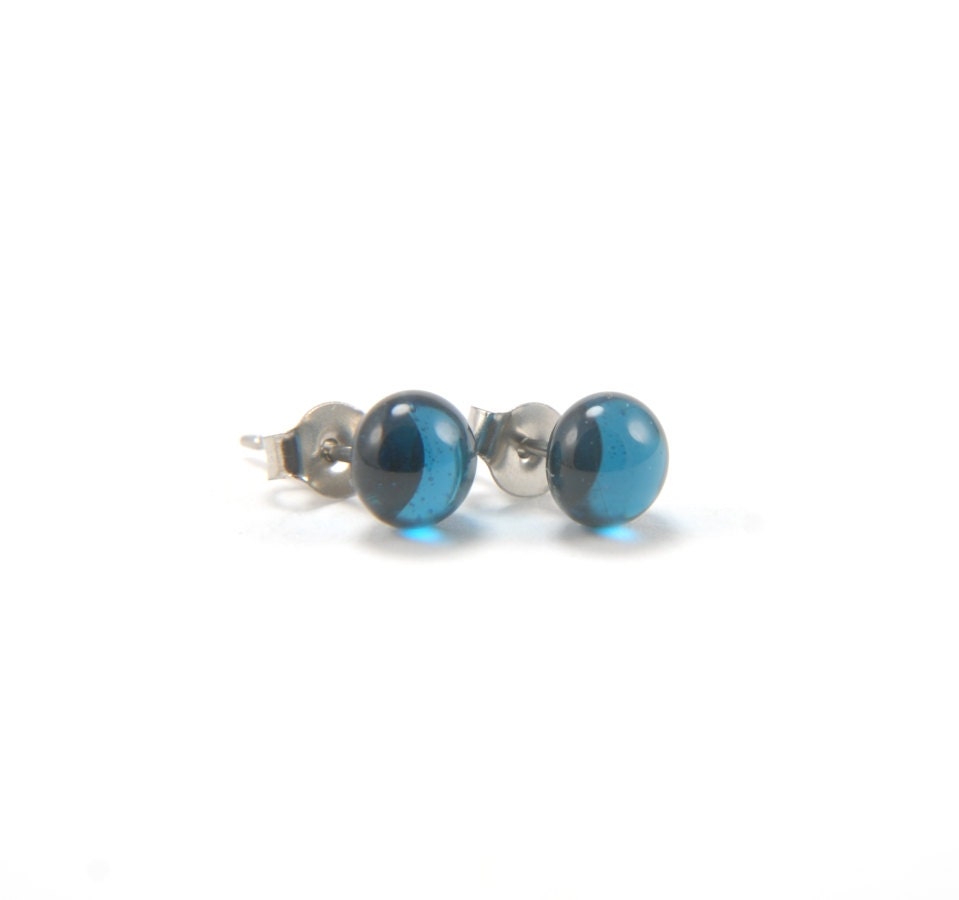 Transparent sea blue fused glass stud earrings with surgical steel earring posts