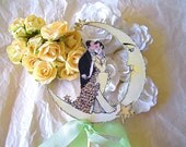 Vintage Moon Wedding Cake Topper -Small Size- Art Deco- Outlined in Silver Glitter - Mint Ribbon