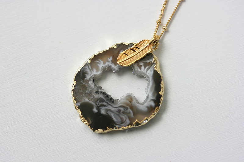 Black and Gold Druzy Pendant Necklace