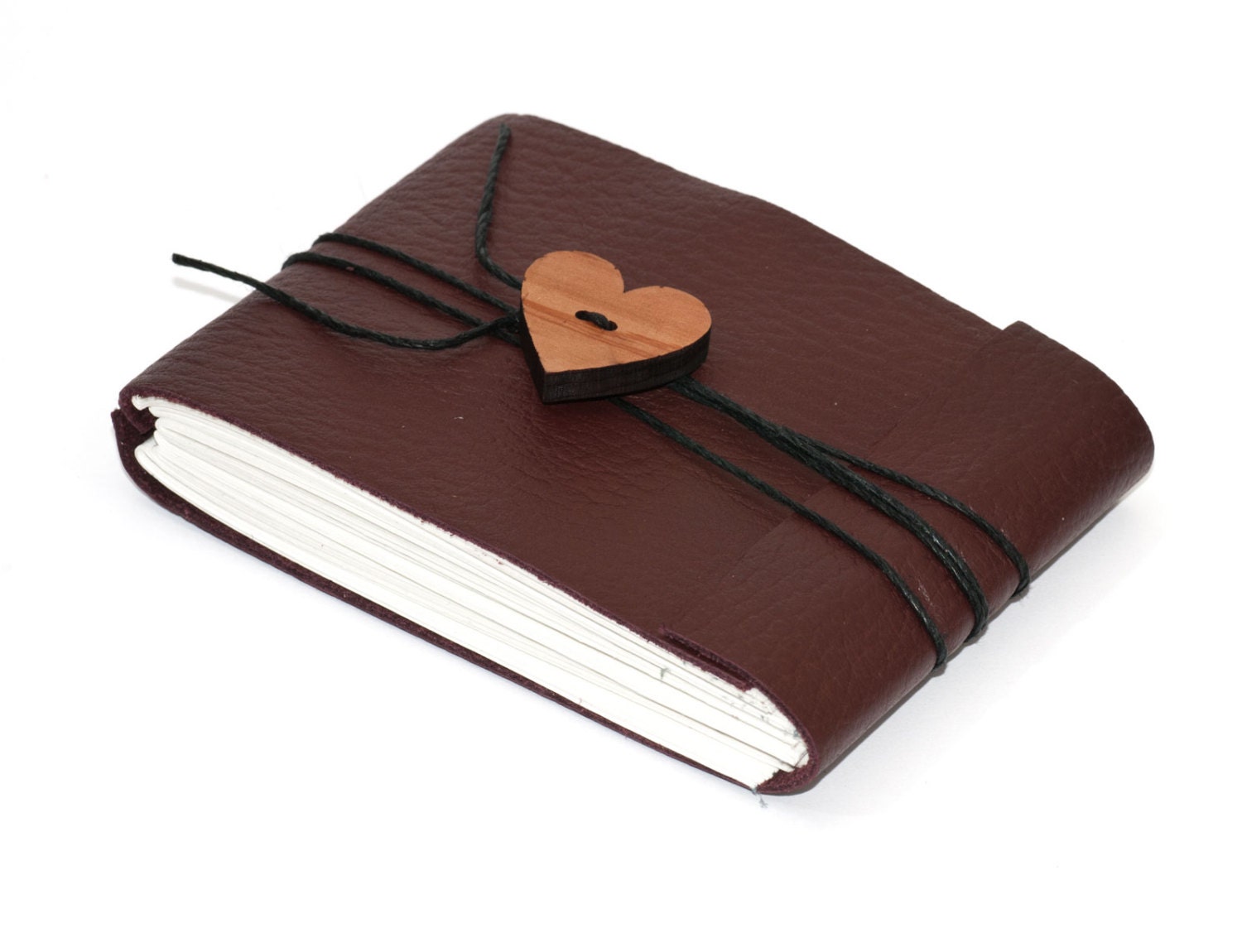 Leather Journal or Leather Sketchbook with Heart Button, Burgundy, Pocket Sized Notebook, Handbound Coptic Stitch