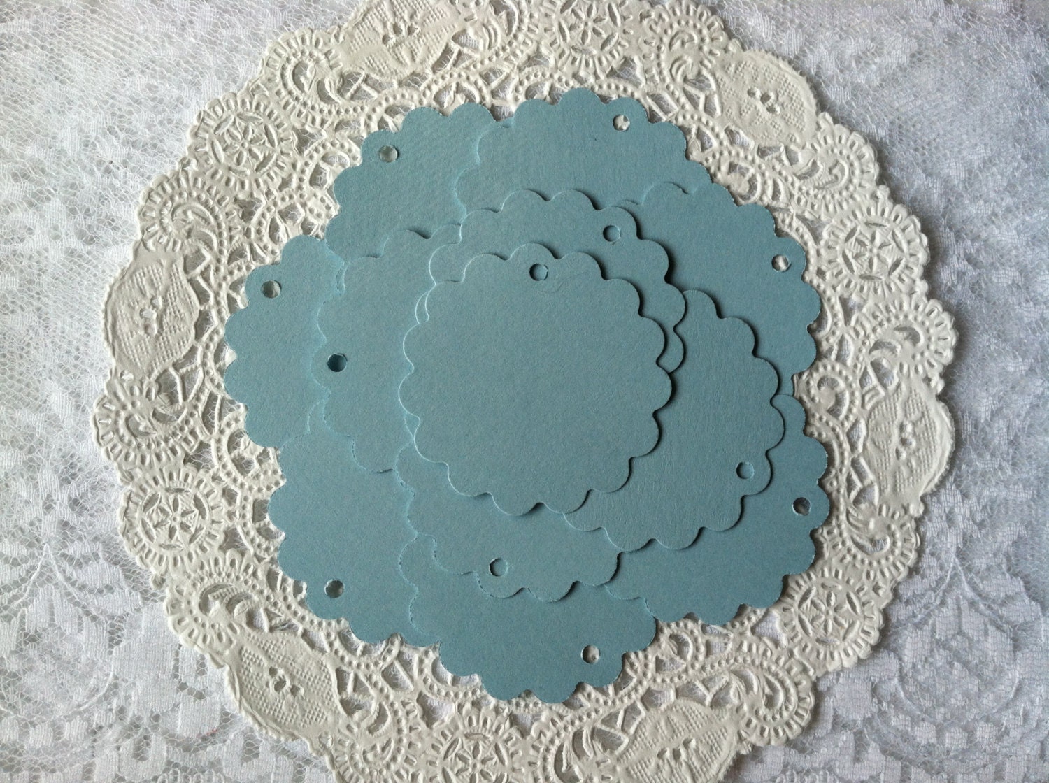 25 PASTEL BLUE Scalloped Circle Shape Gift Holiday Hang Tag Label Party Favors Cardstock Paper Punch