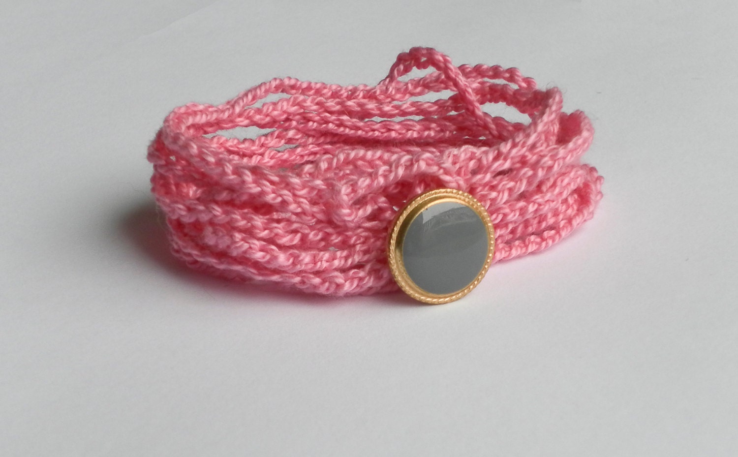 Crochet Wrap Bracelet Pink and Grey and Gold Button Focal Cotton Bracelet Fundraiser