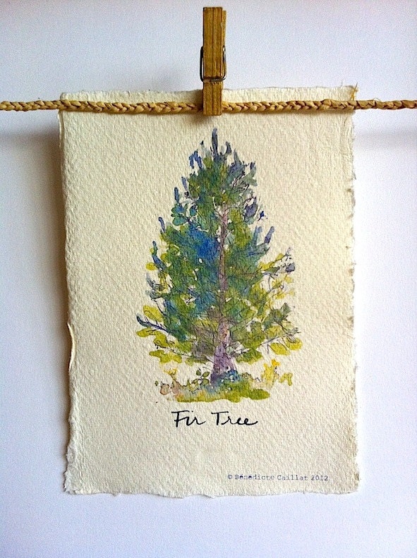 Fir Tree Art Print on Handmade Paper from Original Illustration
