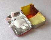 white Wee Bunny in Altoids Tin House with yellow and orange bedding - in stock and ready to ship - Y001