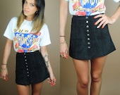 Vintage 1980s 1990s Highwaist suede leather snap up button down micro mini flare Mini Skirt XS S