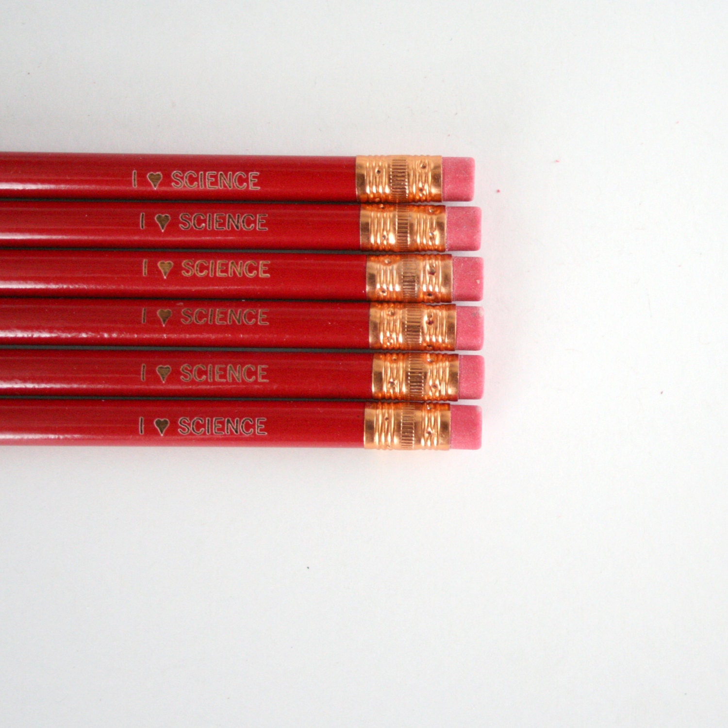 i love science engraved pencil set of 6 in red pencils. heart love. love heart.
