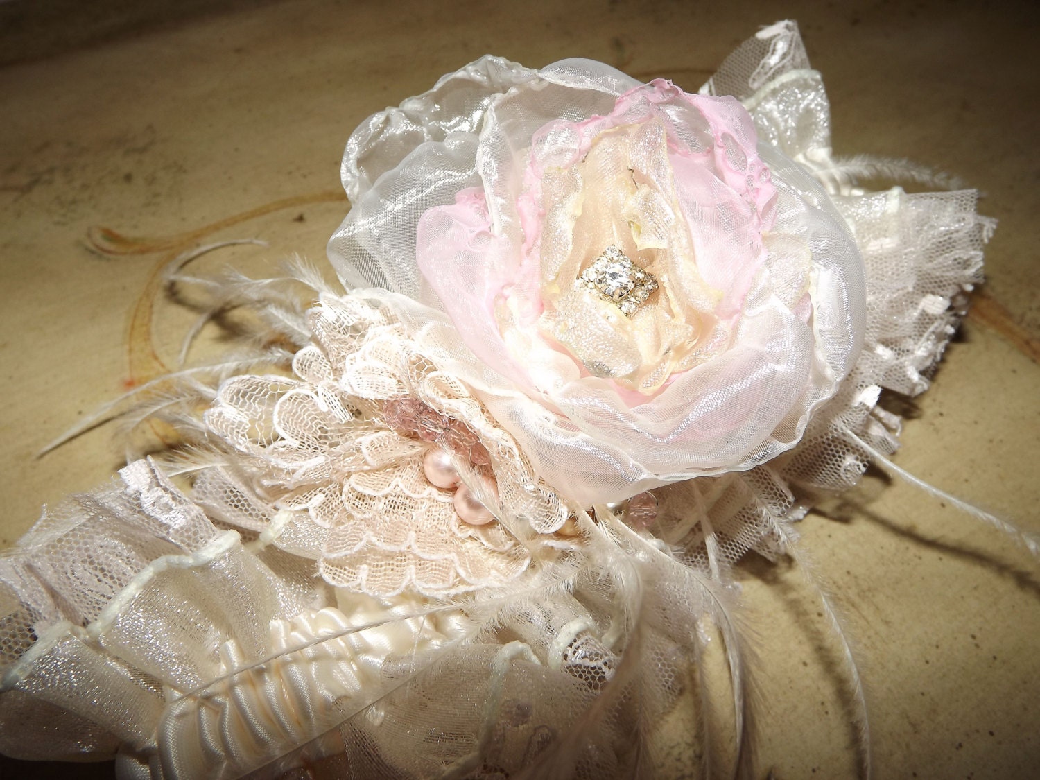 Victorian Lace Wedding Garter Bridal Garter Handmade Roses, Crystals, Feathers, Brooch