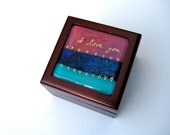 Fused dichroic glass I Love You box, turquoise, blue dichroic, pink, hand painted glass art