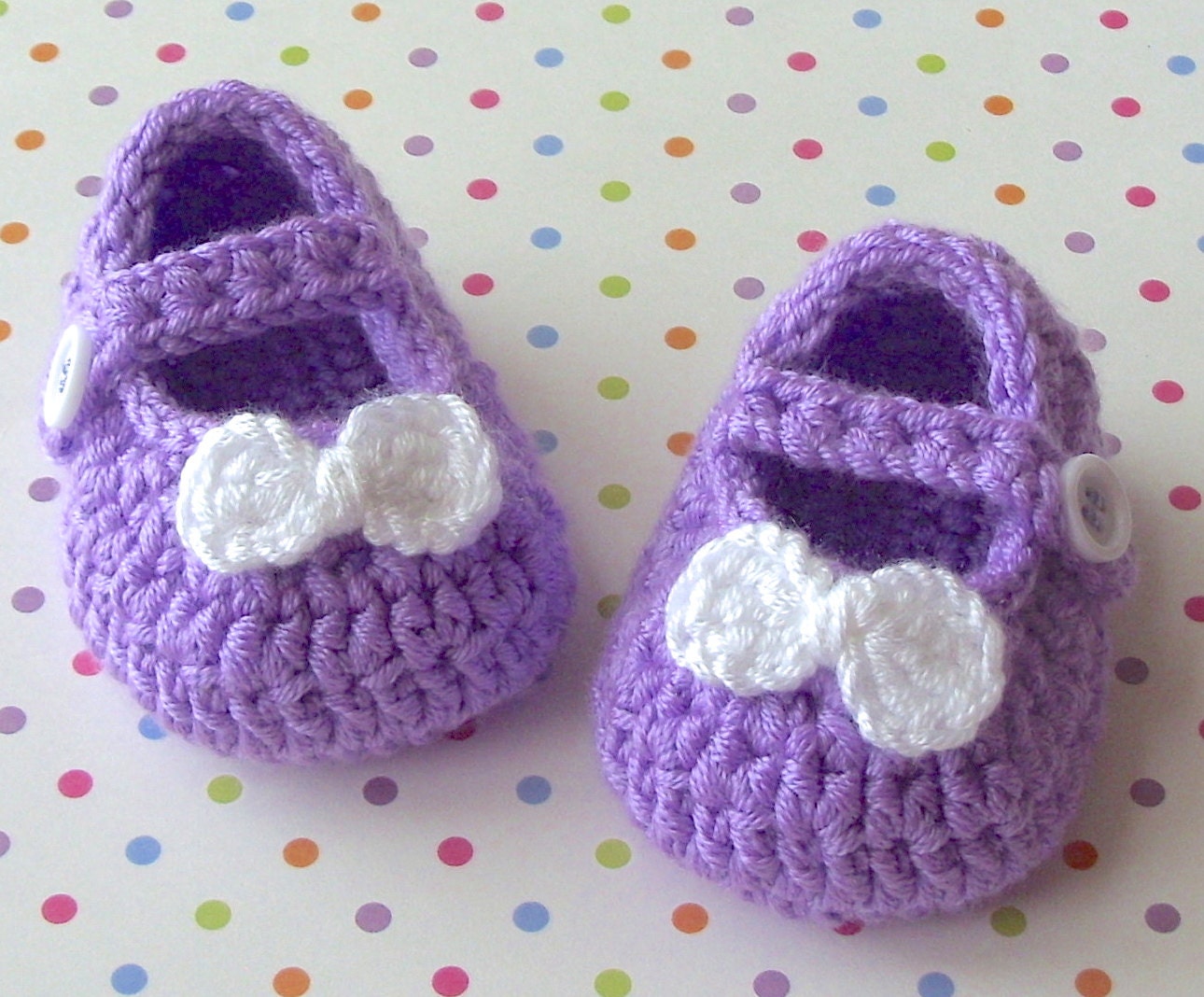 Baby Girl Booties - Mary Jane Modern Fashion Crocheted Shoes - Lavender  White Bow - Infant 0 to 3 Months Size 1 Shoe Slippers - Gift Boxed