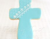 Blue and White Lace Christening Cross Cookie Favors // 1 doz. // Baby Shower Baptism Baby Boy First Communion Lace Vintage Antique