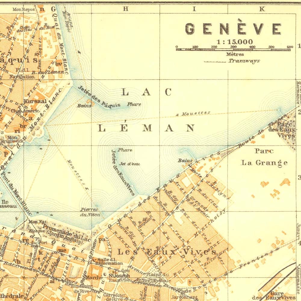 Geneva City Map, Switzerland,  Karl Baedeker Street Plan 1921