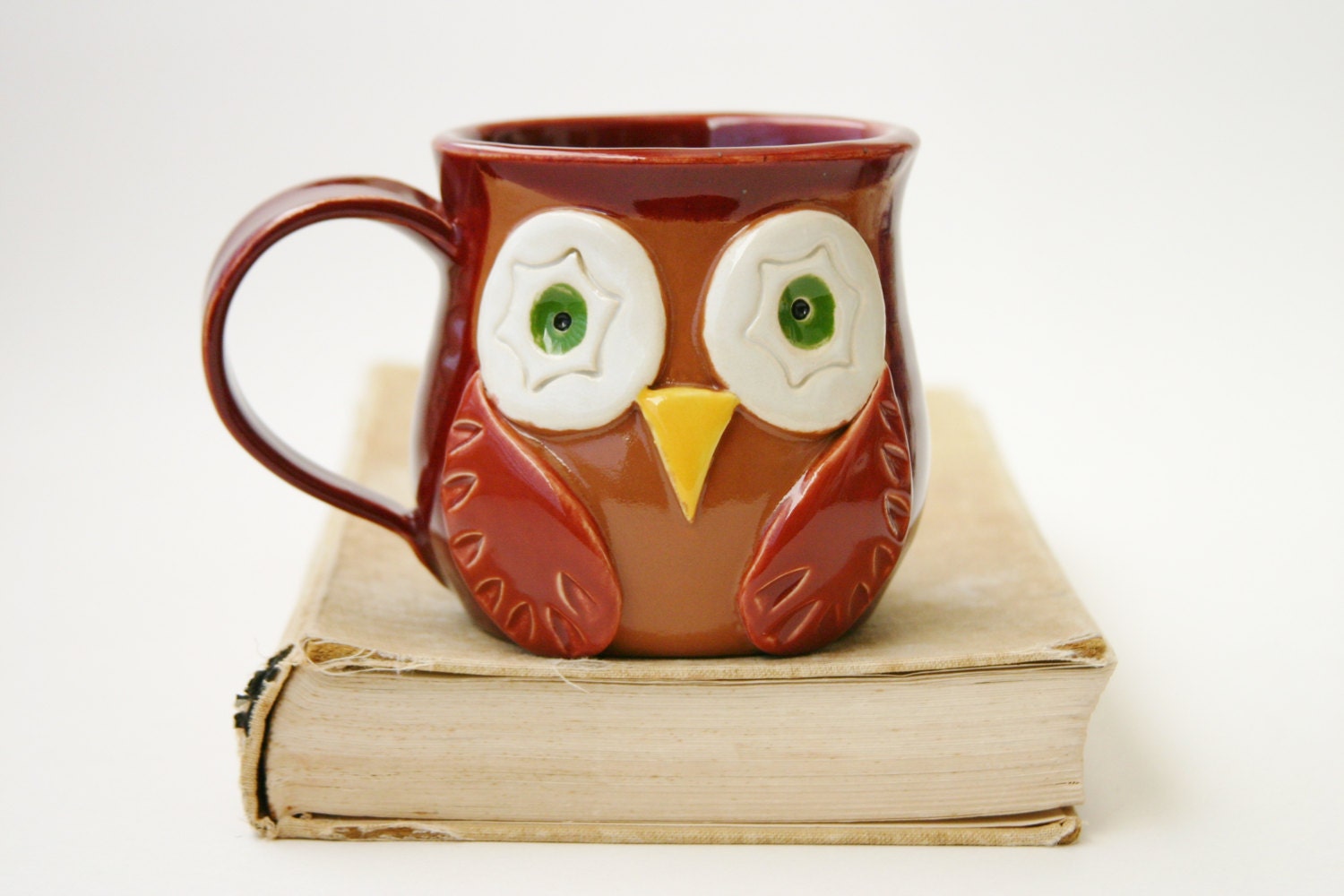 Owl Porcelain Mug - Rustic Red - Brown Owl - Original OOAK Design