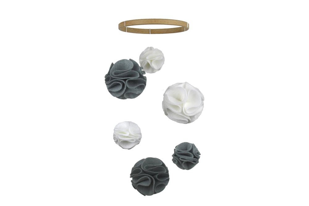 Gray and White Pom Pom Modern Nursery Mobile - Baby Crib Mobile