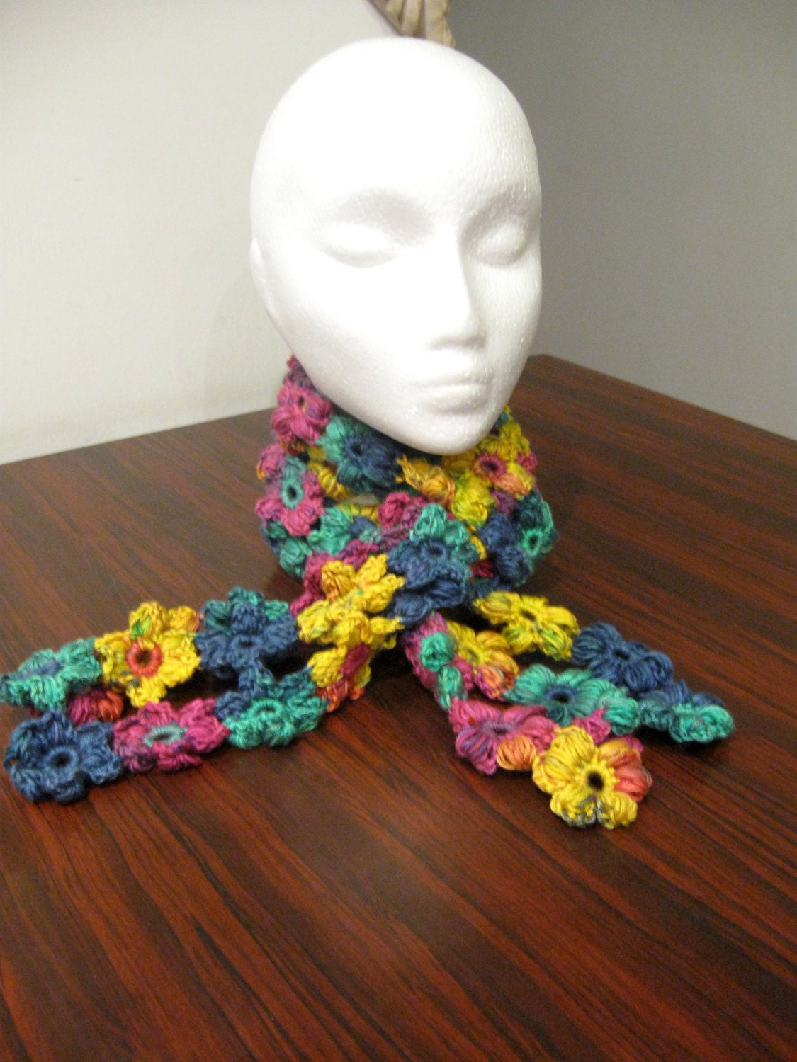 Puff Flower Scarf - Blue / Green / Yellow / Maroon