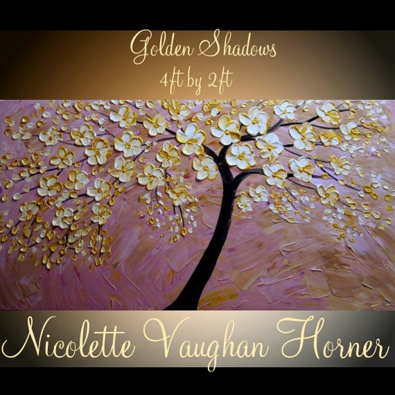 Original Abstract Painting Large Tree Textured Wall Art  Cherry Tree  Blossoms Modern Floral Palette Knife  48x24" Nicolette