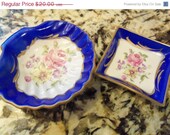 Collectible Porcelain Set of 2 Vintage Dishes Retro Cobalt Blue Home Decor Housewares Made in France