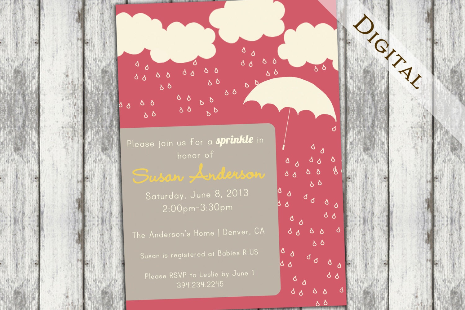 Sprinkle baby shower invitations, umbrella, gender neutral, digital, rain clouds, rain drops, pink, printable file, V2