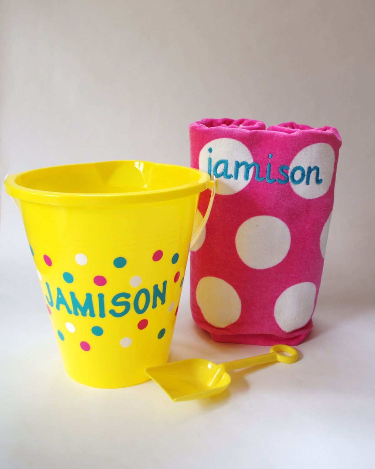 Personalized Beach Towel in a Beach Bucket