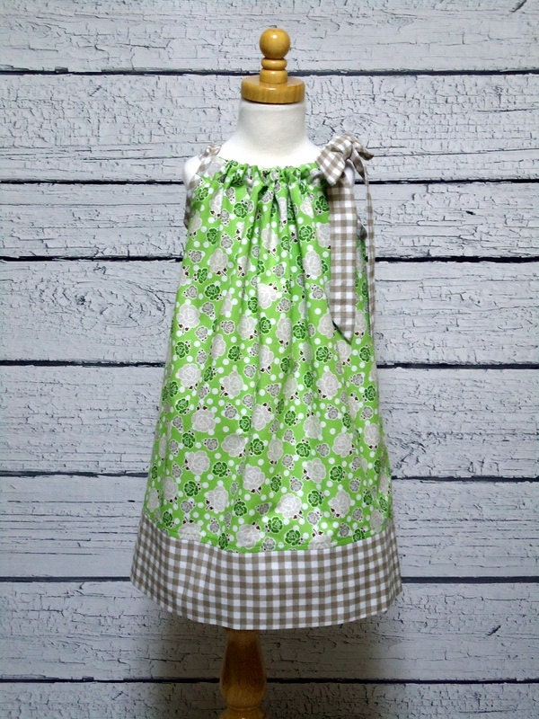 Girls Pillowcase Dress, Green Polka Dot Roses, Gingham - Size 6 - 12 month, 12 - 18 month, 18 - 24 month, 2T / 3T, 4 / 5, 6 / 7, 8 / 9