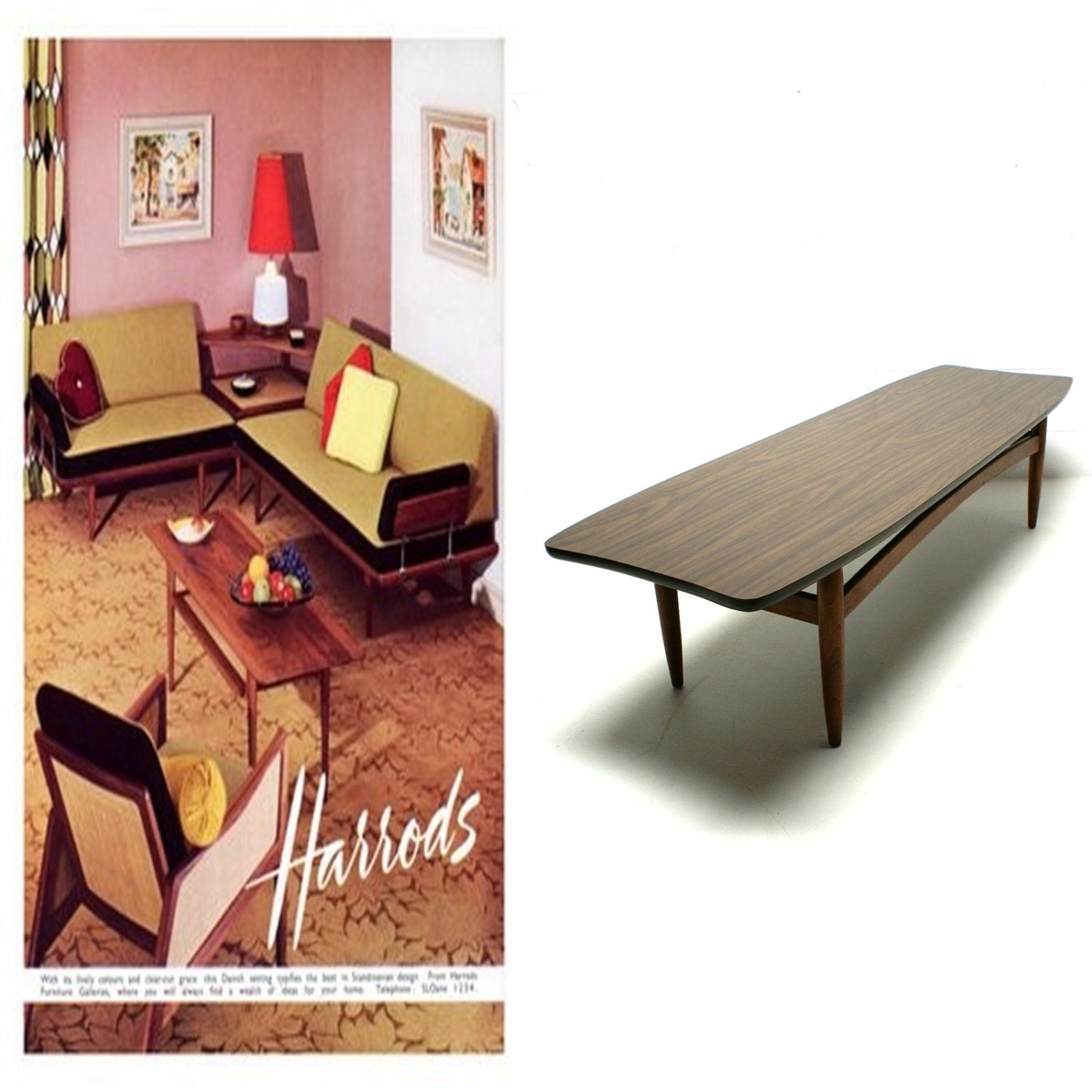 Vintage Mid Century Modern Laminate long Surfboard table Coffee Table Eames Era