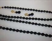 Vintage Black Bead Necklaces set of 2 and Earrings Crystals or Jet