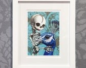 Framed and matted print of baby skeletom with peacock. Ready to hang