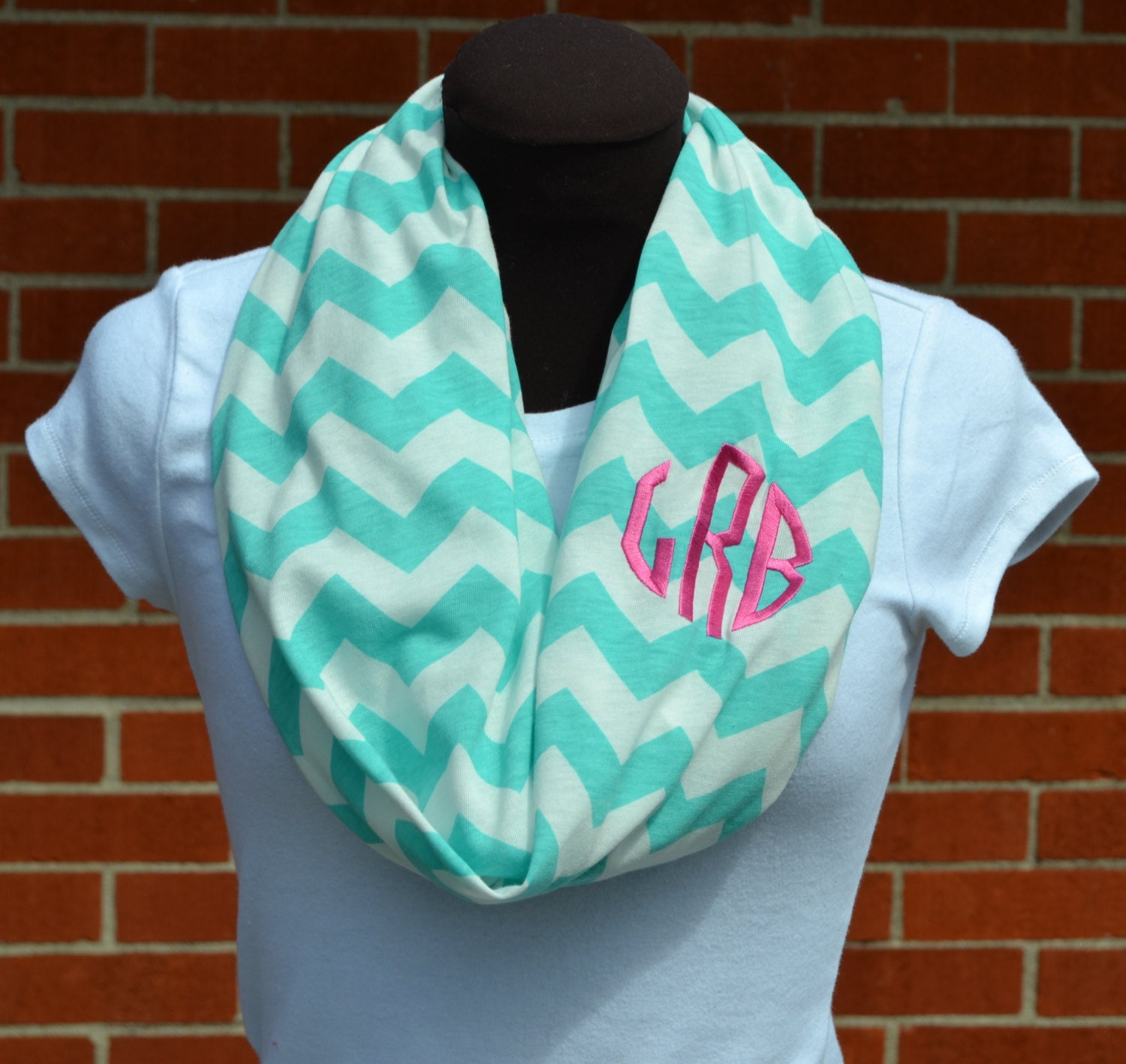 Monogrammed Chevron Infinity Tiffany Blue and White Knit Jersey