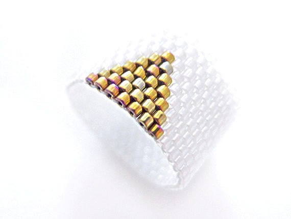 White Beaded Ring, Gold Triangle Ring, Geometric Ring Band, Beaded Ring Band, Gold Arrow Ring, OOAK Ring, Handmade by JeannieRichard