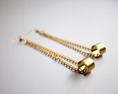 Long Brass Cylinder and Gold Metal Chain Dangle Earrings by Cre8tivesoul