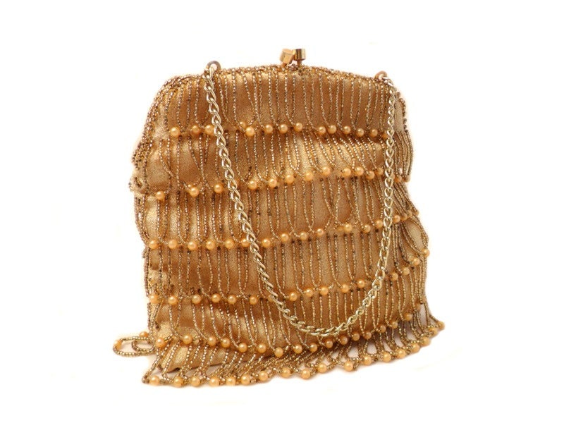 Vintage Gold Beaded Purse, Bag, Clutch, Evening Bag, Formal circa 1960's