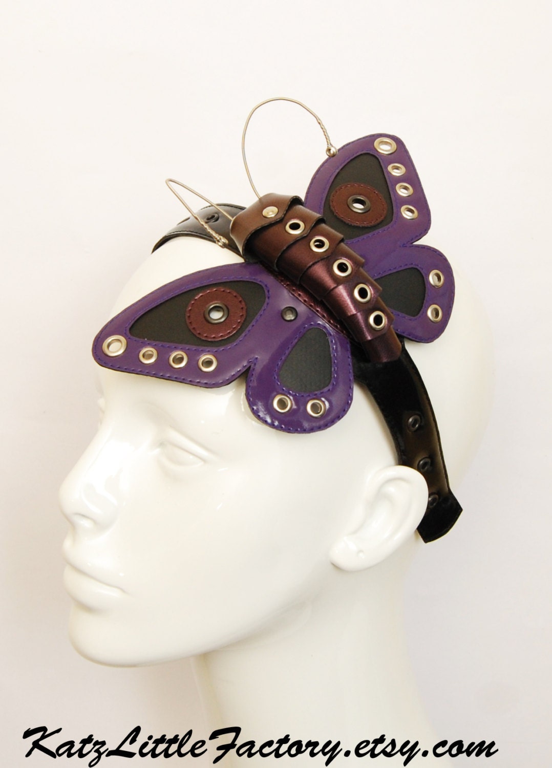 Purple Lilac and Black PVC and leather Butterfly headband with studs and guitar strings fascinator
