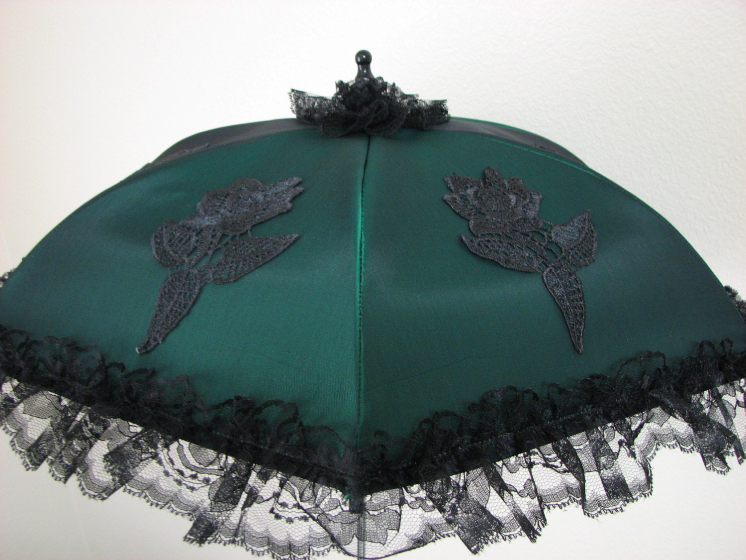 VICTORIAN PARASOL in Iridescent Emerald Green Taffeta with Embroidered Appliques and Black Lace Ruffle