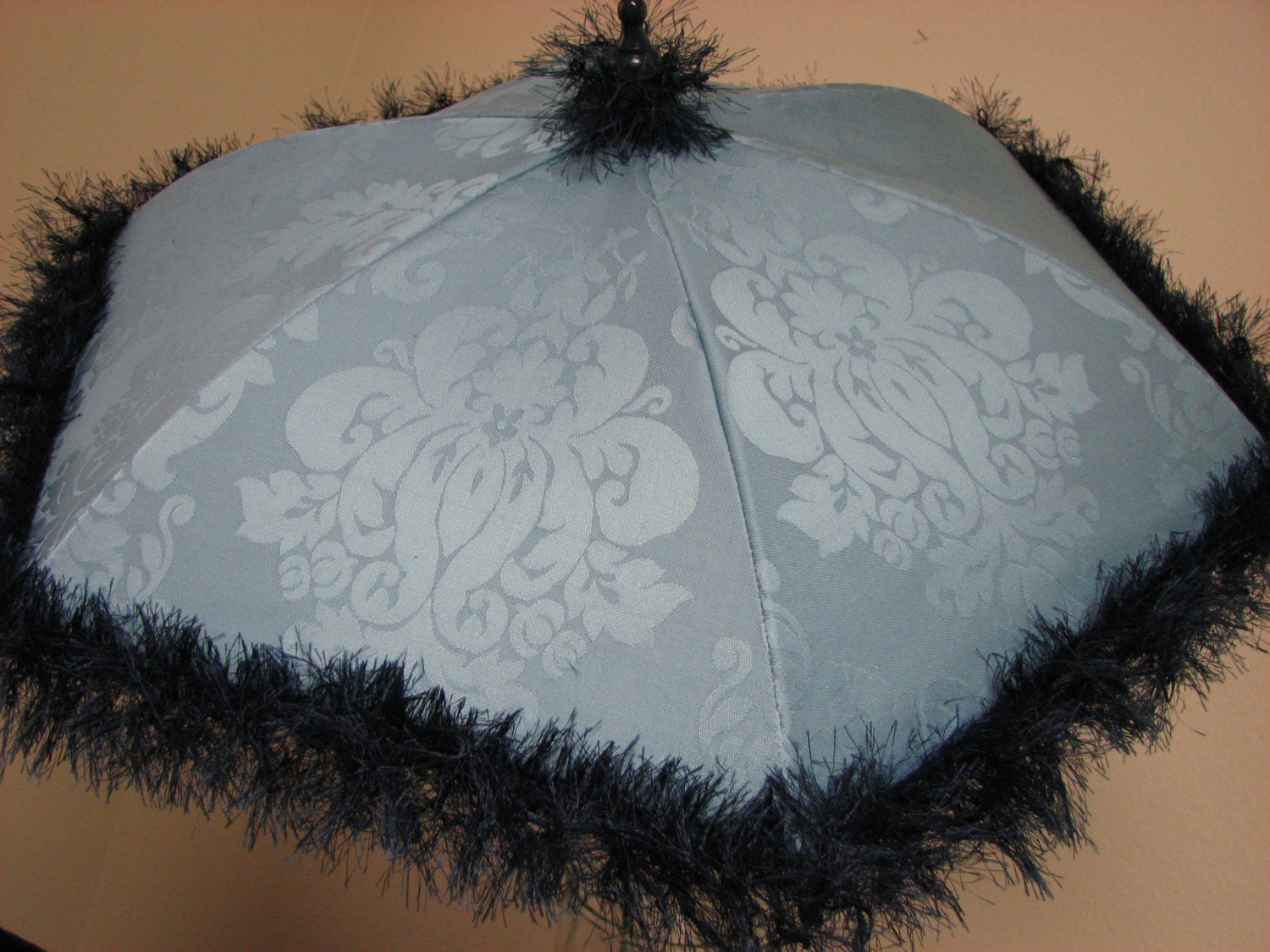 VICTORIAN PARASOL in Elegant Blue Damask with Dark Blue Ultralash Fringe